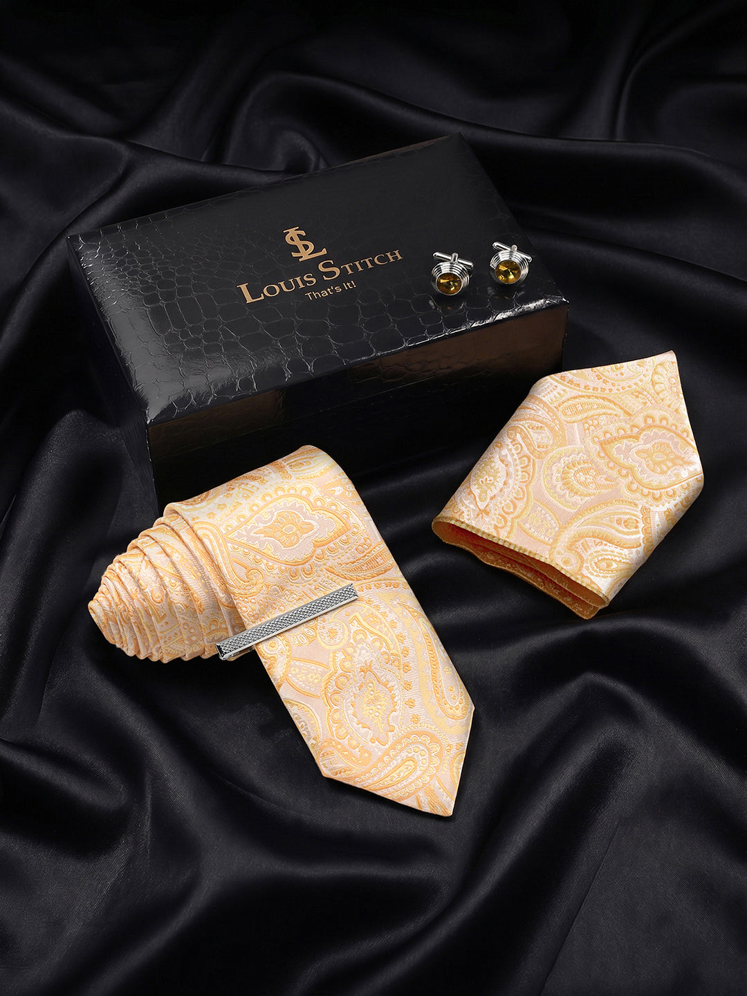 Paisley Yellow Luxury Polyster Micro Fabric Necktie Set Pocket Square Chrome Tiepin Cufflinks and Brooch
