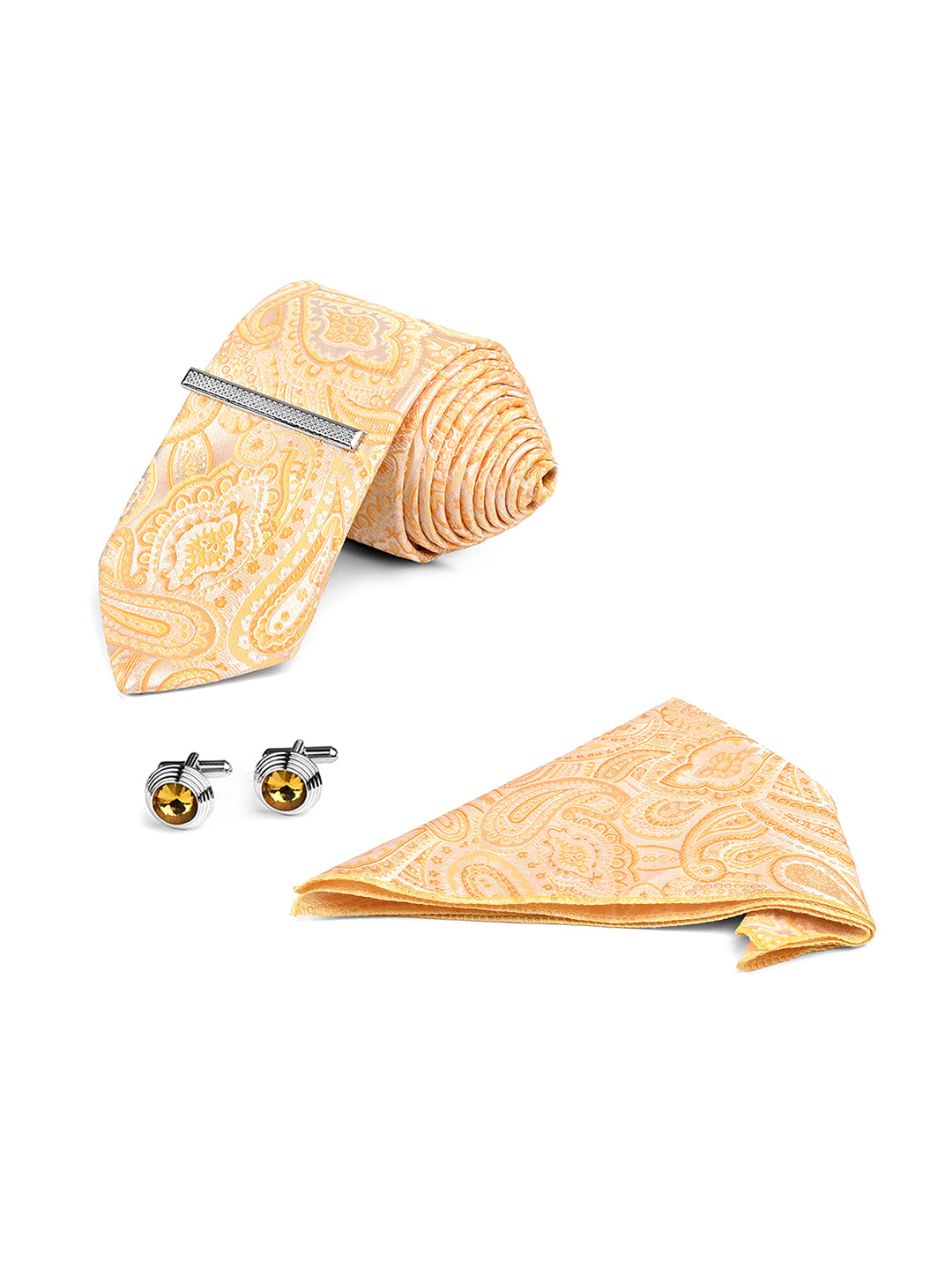 Paisley Yellow Luxury Polyster Micro Fabric Necktie Set Pocket Square Chrome Tiepin Cufflinks and Brooch