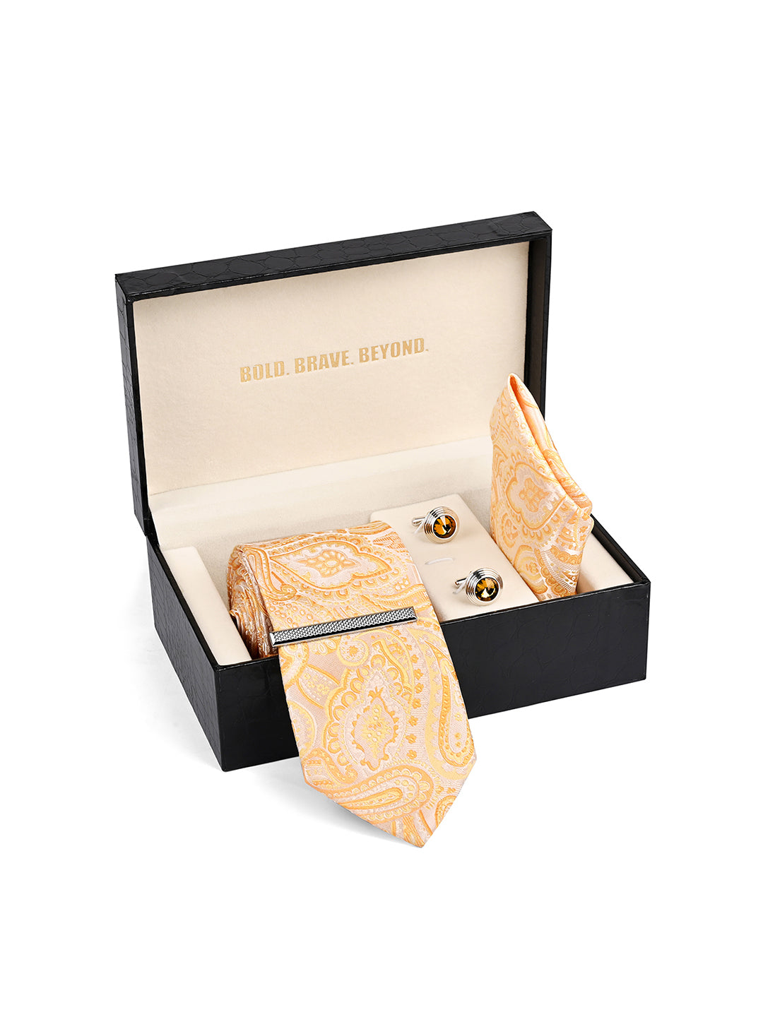 Paisley Yellow Luxury Polyster Micro Fabric Necktie Set Pocket Square Chrome Tiepin Cufflinks and Brooch