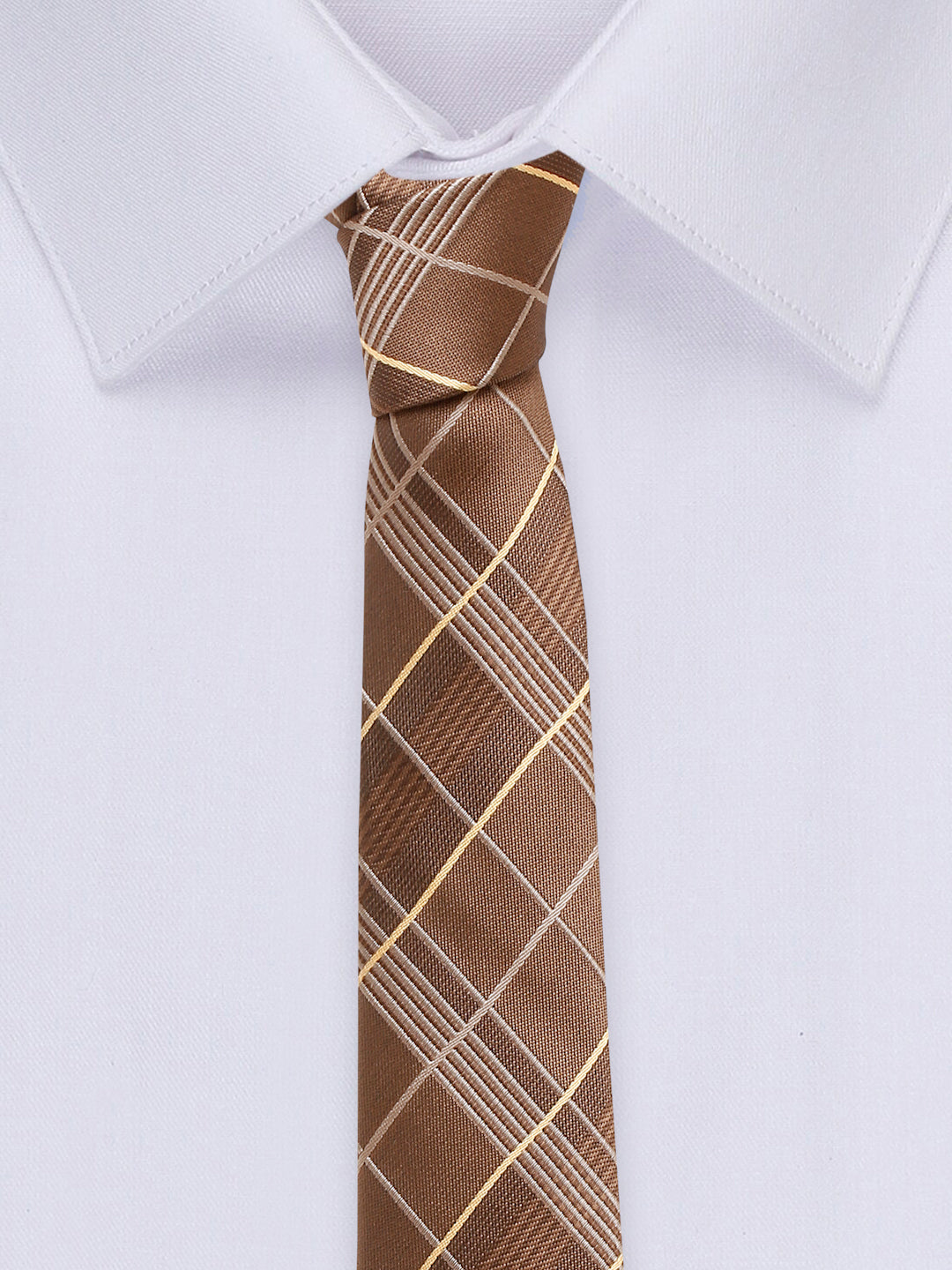 Checkered Brown Italian Silk Necktie Set Pocket Square Chrome Tiepin cufflinks and Brooch