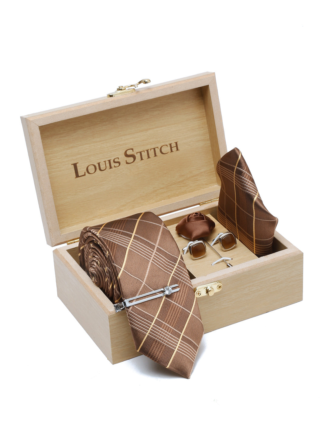 Checkered Brown Italian Silk Necktie Set Pocket Square Chrome Tiepin cufflinks and Brooch