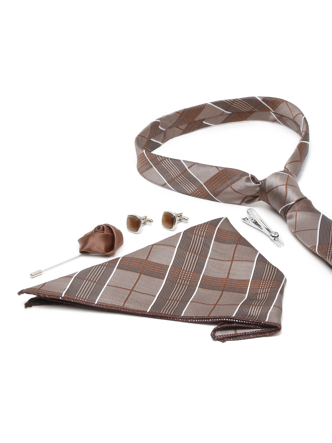 Checkered Brown Italian Silk Necktie Set Pocket Square Chrome Tiepin cufflinks and Brooch