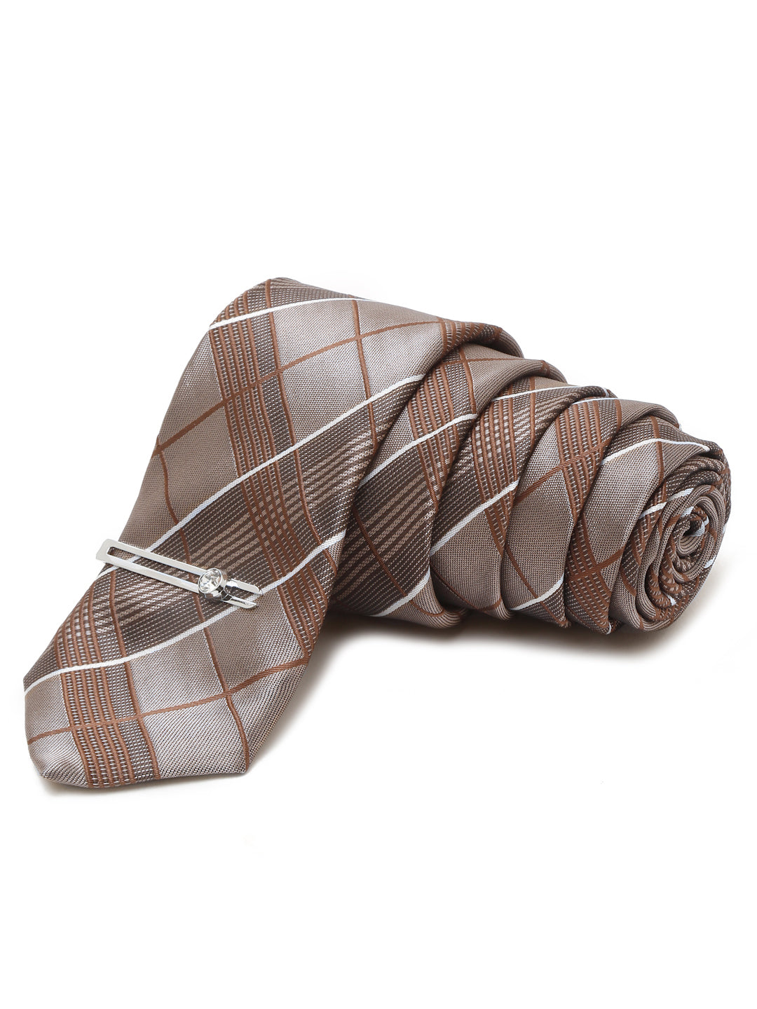 Checkered Brown Italian Silk Necktie Set Pocket Square Chrome Tiepin cufflinks and Brooch