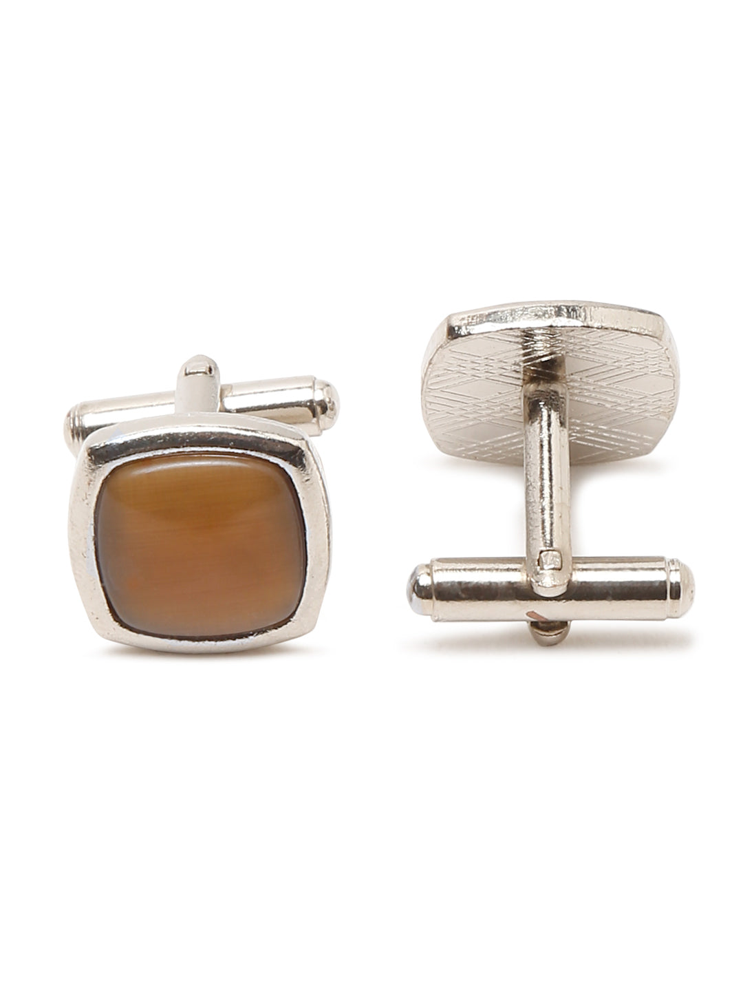 Checkered Brown Italian Silk Necktie Set Pocket Square Chrome Tiepin cufflinks and Brooch