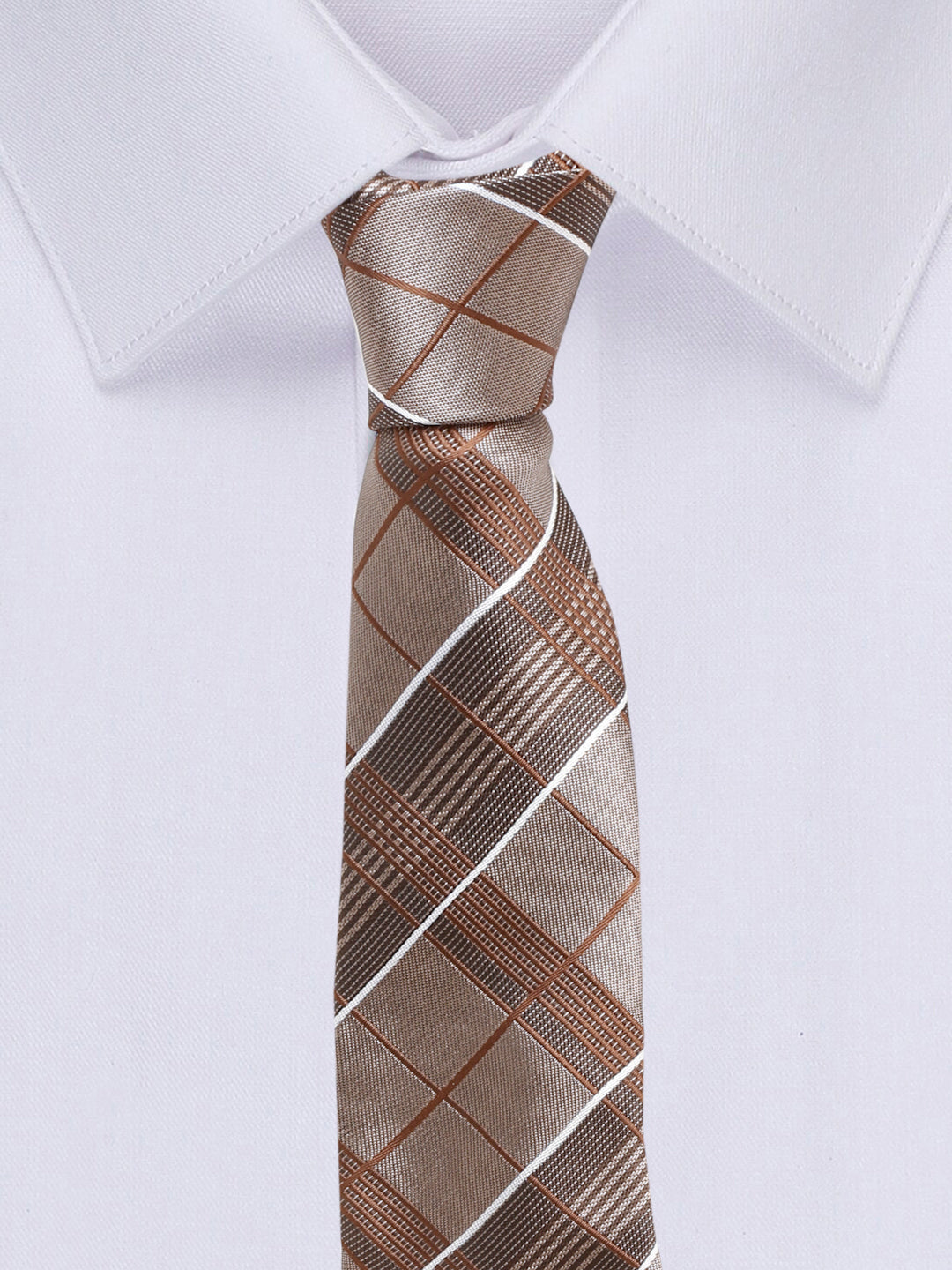 Checkered Brown Italian Silk Necktie Set Pocket Square Chrome Tiepin cufflinks and Brooch