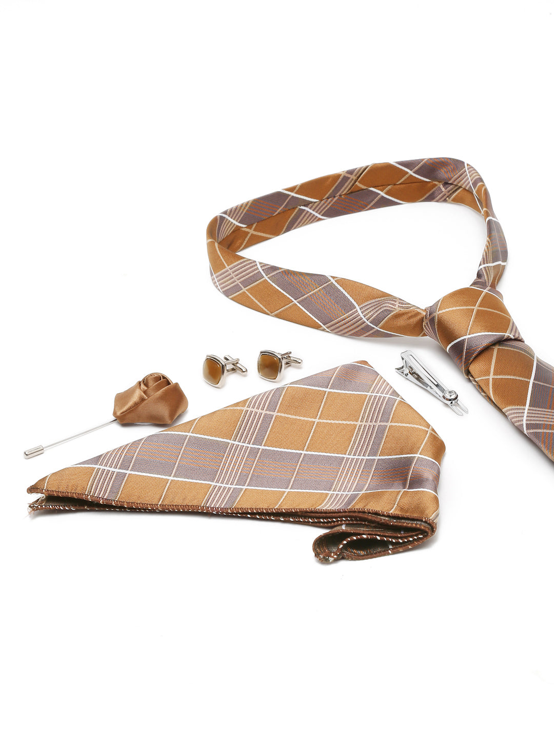 Checkered Brown Italian Silk Necktie Set Pocket Square Chrome Tiepin cufflinks and Brooch