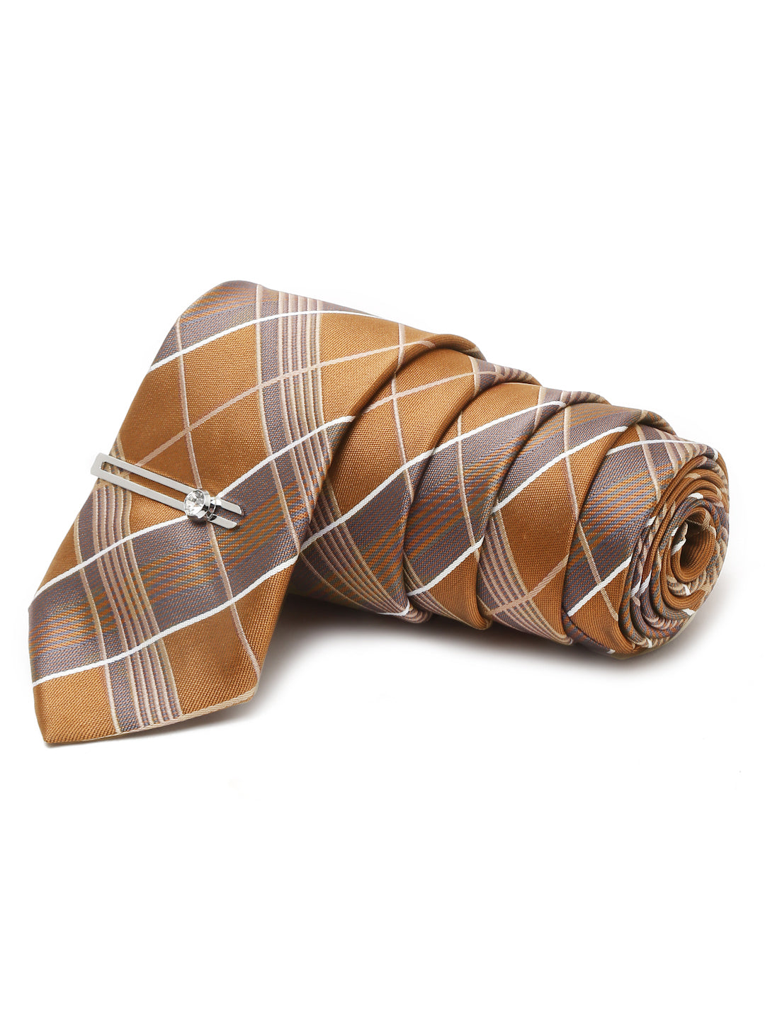 Checkered Brown Italian Silk Necktie Set Pocket Square Chrome Tiepin cufflinks and Brooch