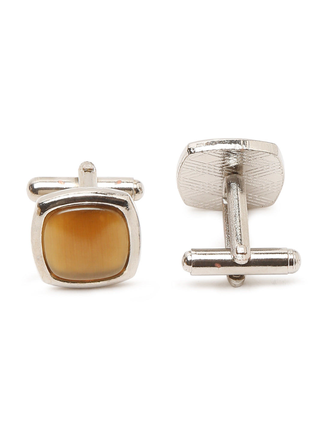 Checkered Brown Italian Silk Necktie Set Pocket Square Chrome Tiepin cufflinks and Brooch