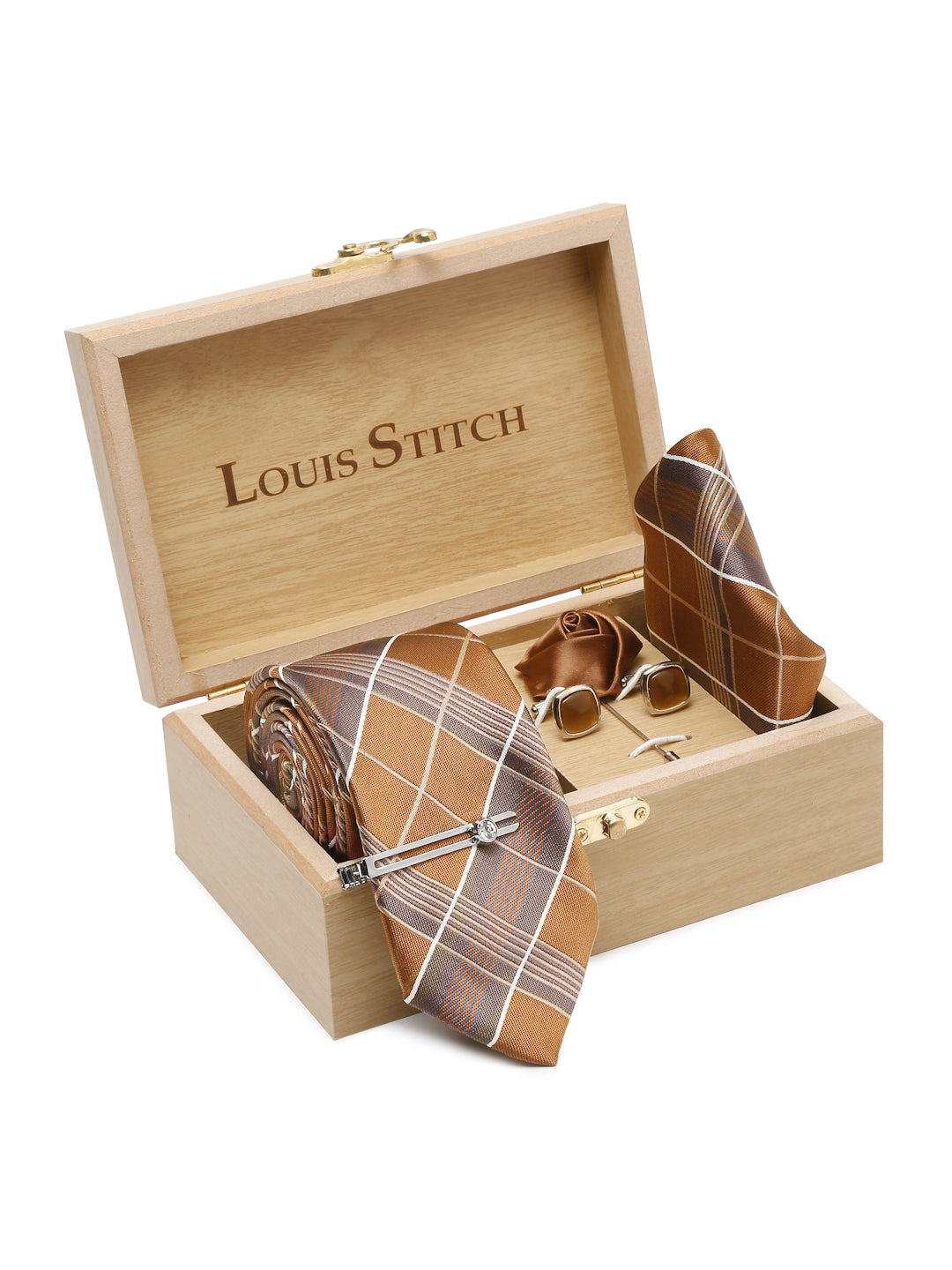 Checkered Brown Italian Silk Necktie Set Pocket Square Chrome Tiepin cufflinks and Brooch