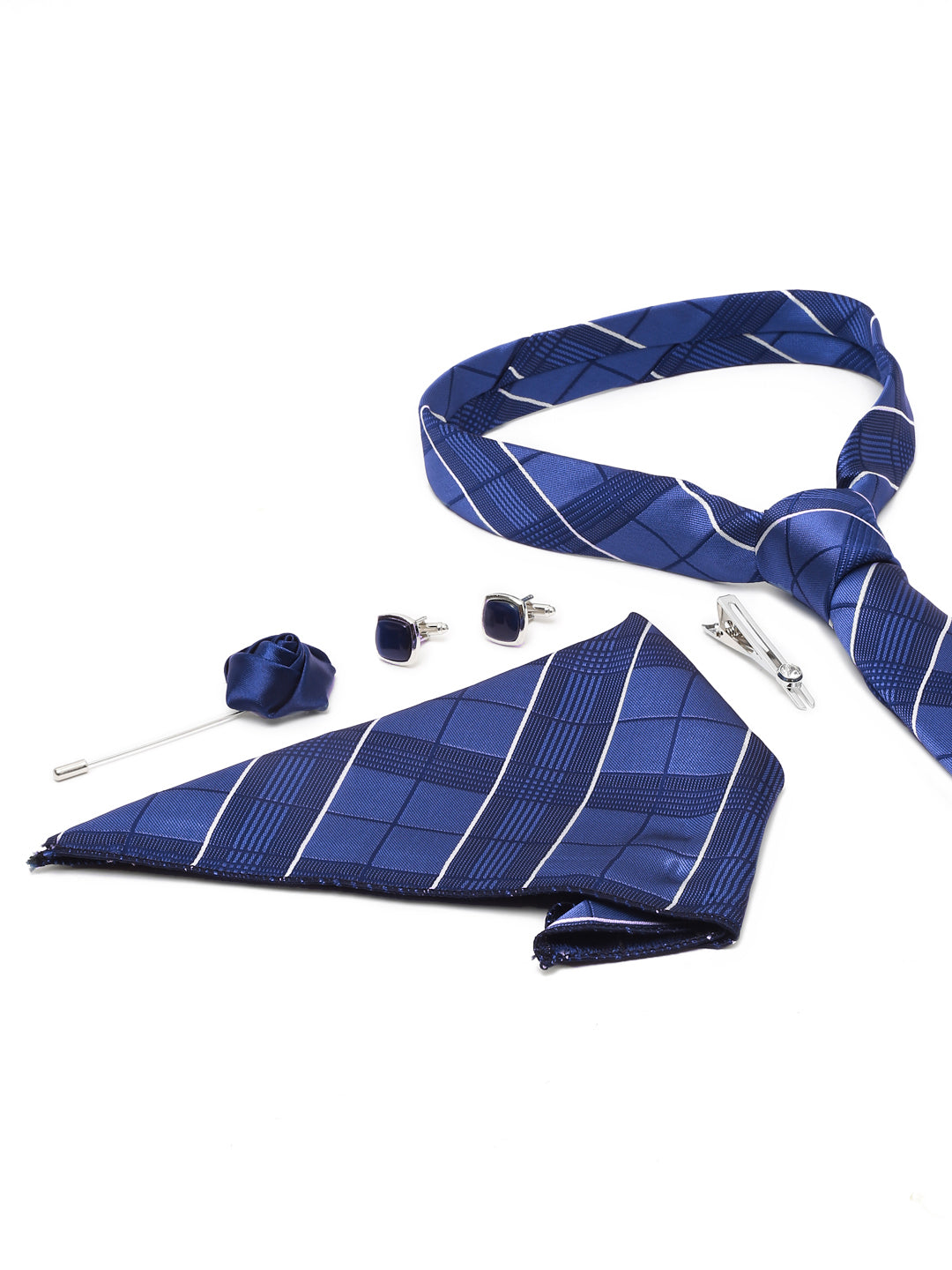 Checkered Blue Italian Silk Necktie Set Pocket Square Chrome Tiepin cufflinks and Brooch