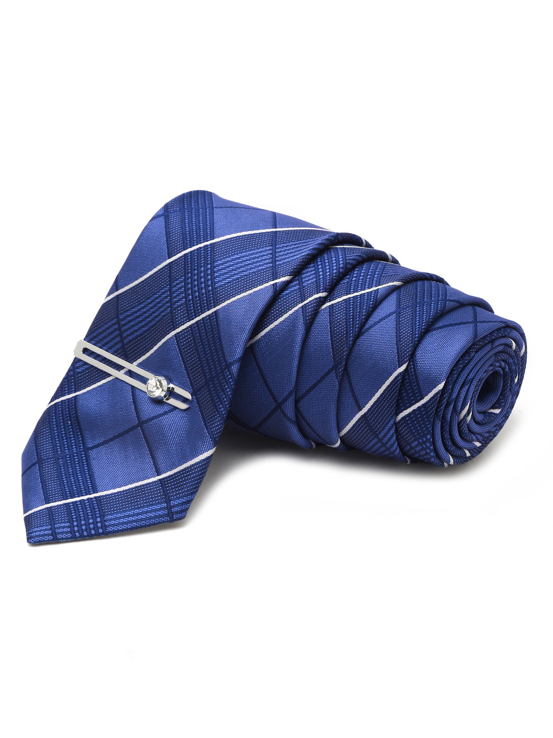 Checkered Blue Italian Silk Necktie Set Pocket Square Chrome Tiepin cufflinks and Brooch