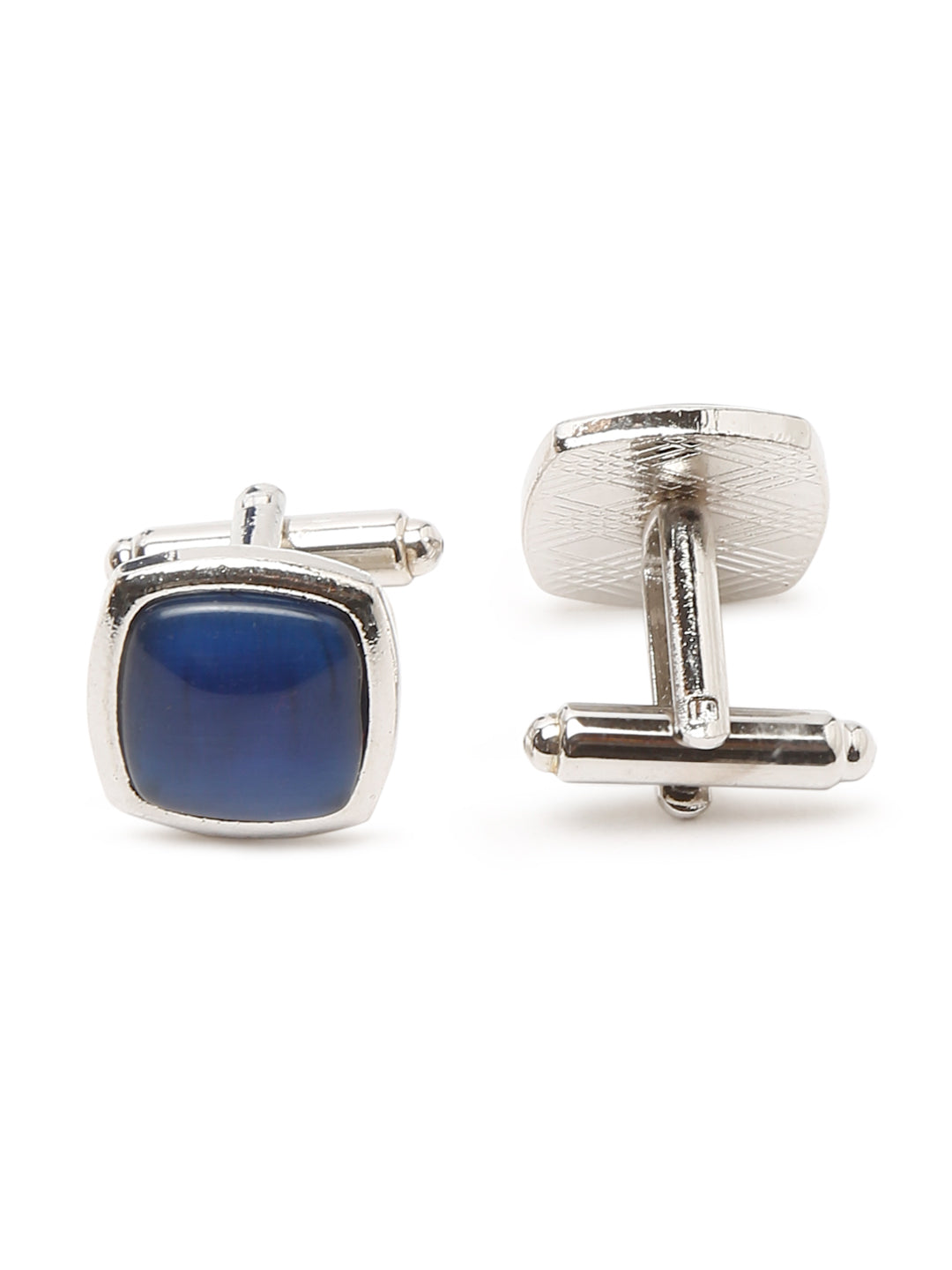Checkered Blue Italian Silk Necktie Set Pocket Square Chrome Tiepin cufflinks and Brooch