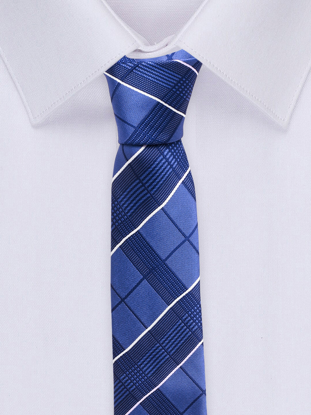 Checkered Blue Italian Silk Necktie Set Pocket Square Chrome Tiepin cufflinks and Brooch