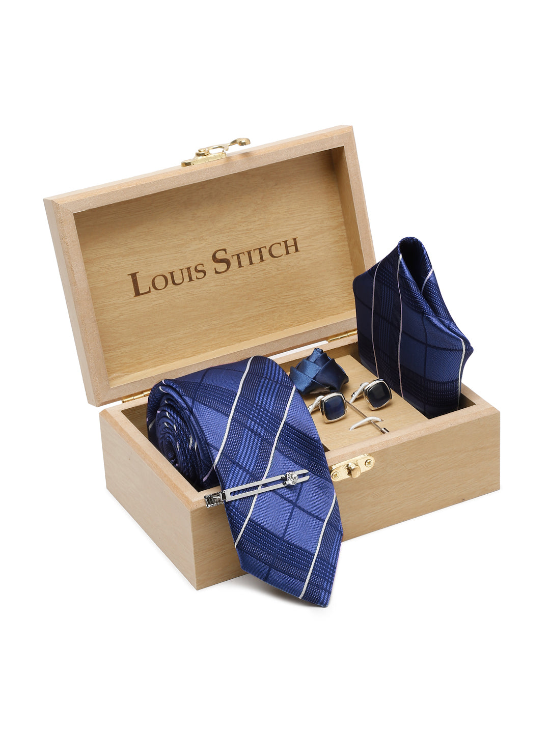 Checkered Blue Italian Silk Necktie Set Pocket Square Chrome Tiepin cufflinks and Brooch