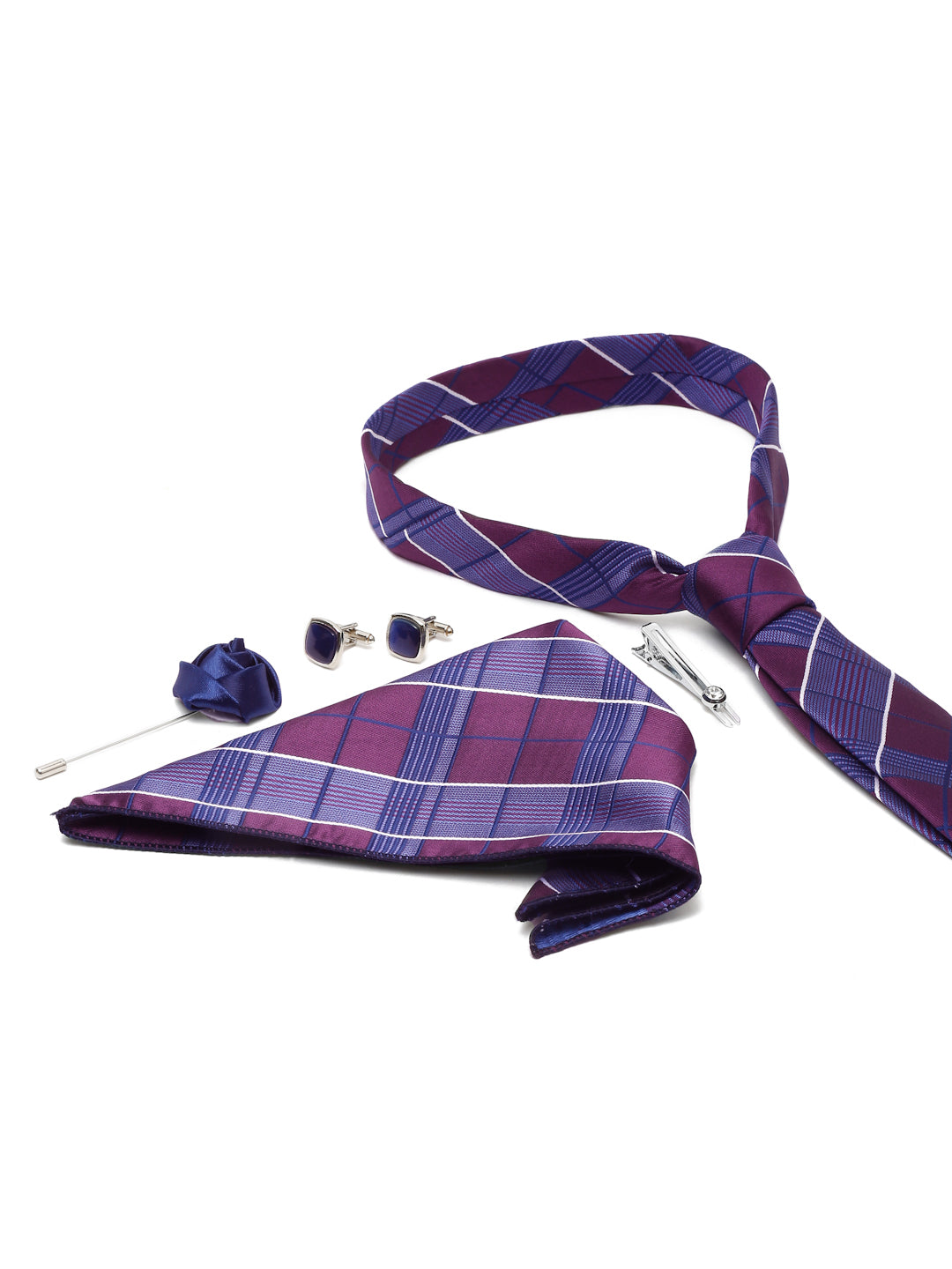 Checkered Blue Italian Silk Necktie Set Pocket Square Chrome Tiepin cufflinks and Brooch