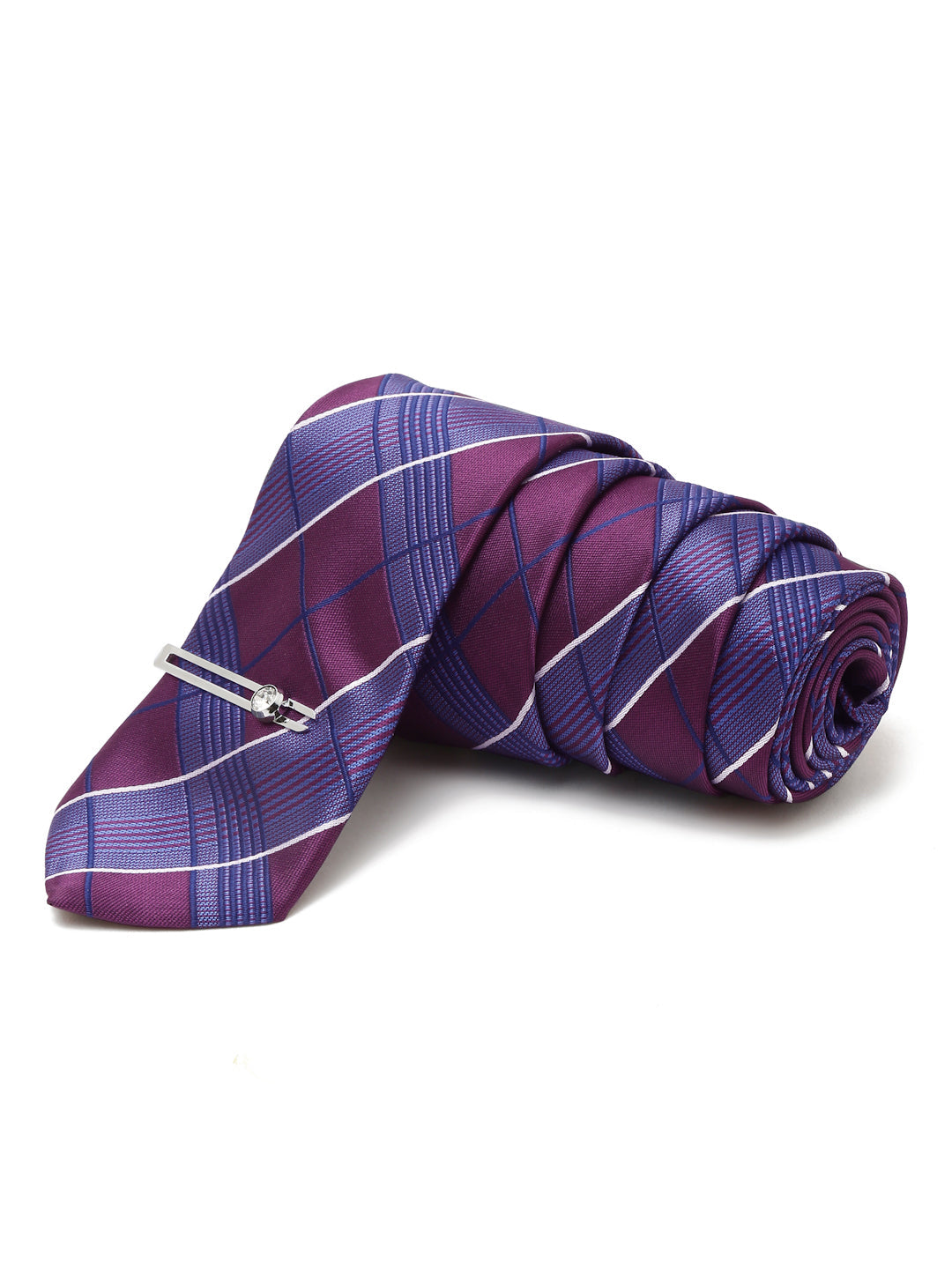 Checkered Blue Italian Silk Necktie Set Pocket Square Chrome Tiepin cufflinks and Brooch