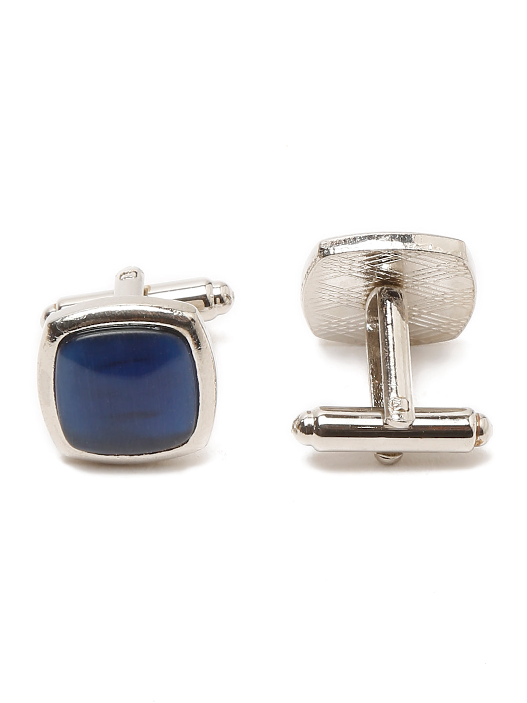 Checkered Blue Italian Silk Necktie Set Pocket Square Chrome Tiepin cufflinks and Brooch