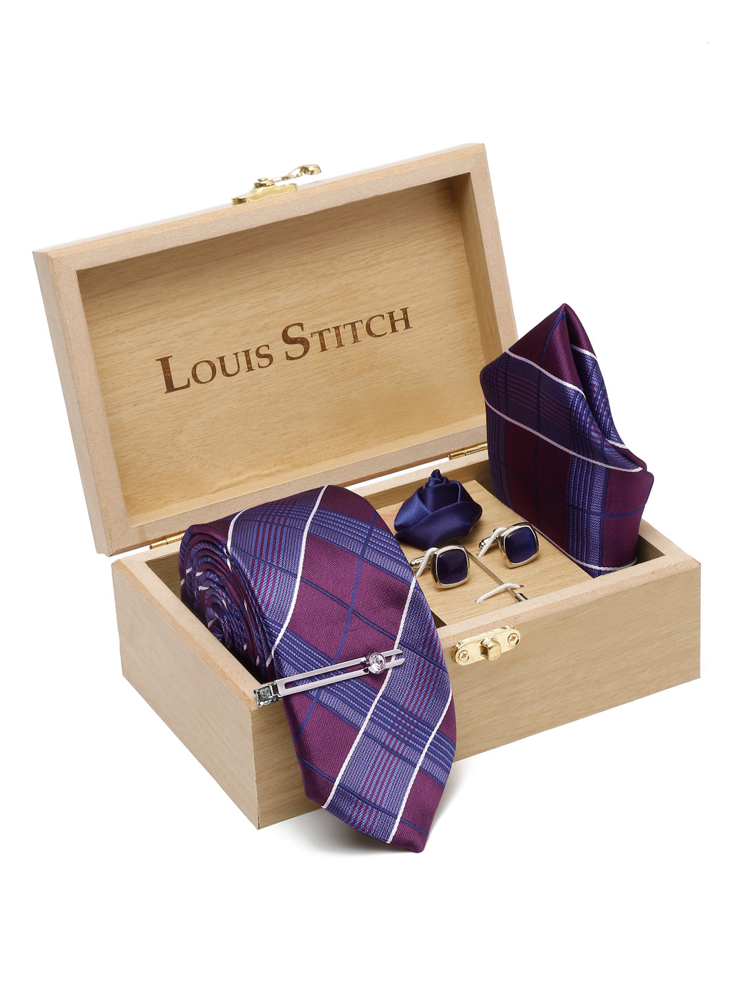 Checkered Blue Italian Silk Necktie Set Pocket Square Chrome Tiepin cufflinks and Brooch