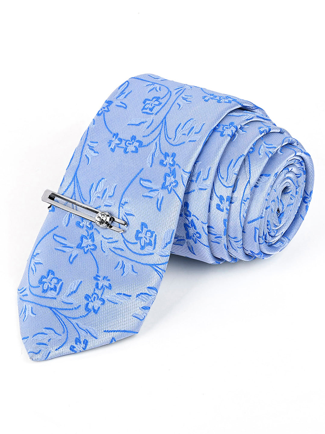 Azure Blue Luxury Italian Silk Necktie Set Pocket Square Chrome Tiepin Cufflinks and Brooch