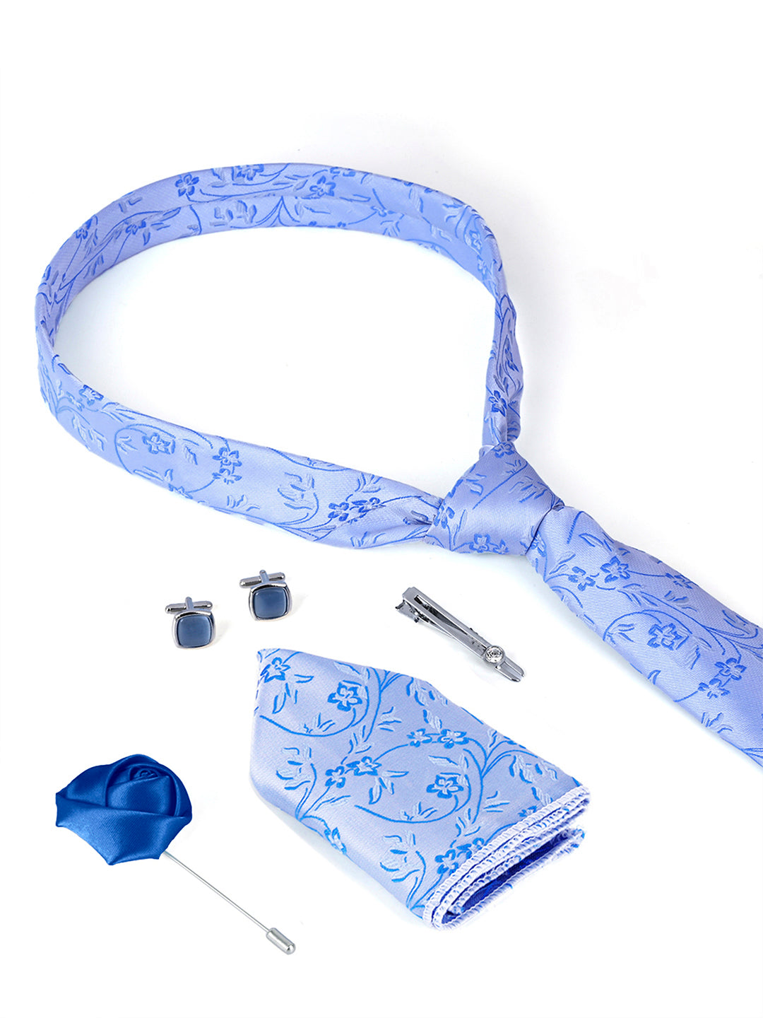 Azure Blue Luxury Italian Silk Necktie Set Pocket Square Chrome Tiepin Cufflinks and Brooch