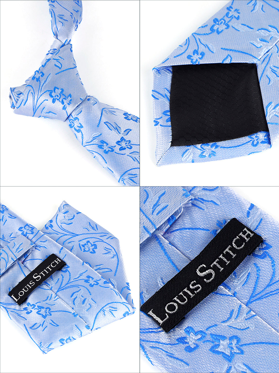 Azure Blue Luxury Italian Silk Necktie Set Pocket Square Chrome Tiepin Cufflinks and Brooch
