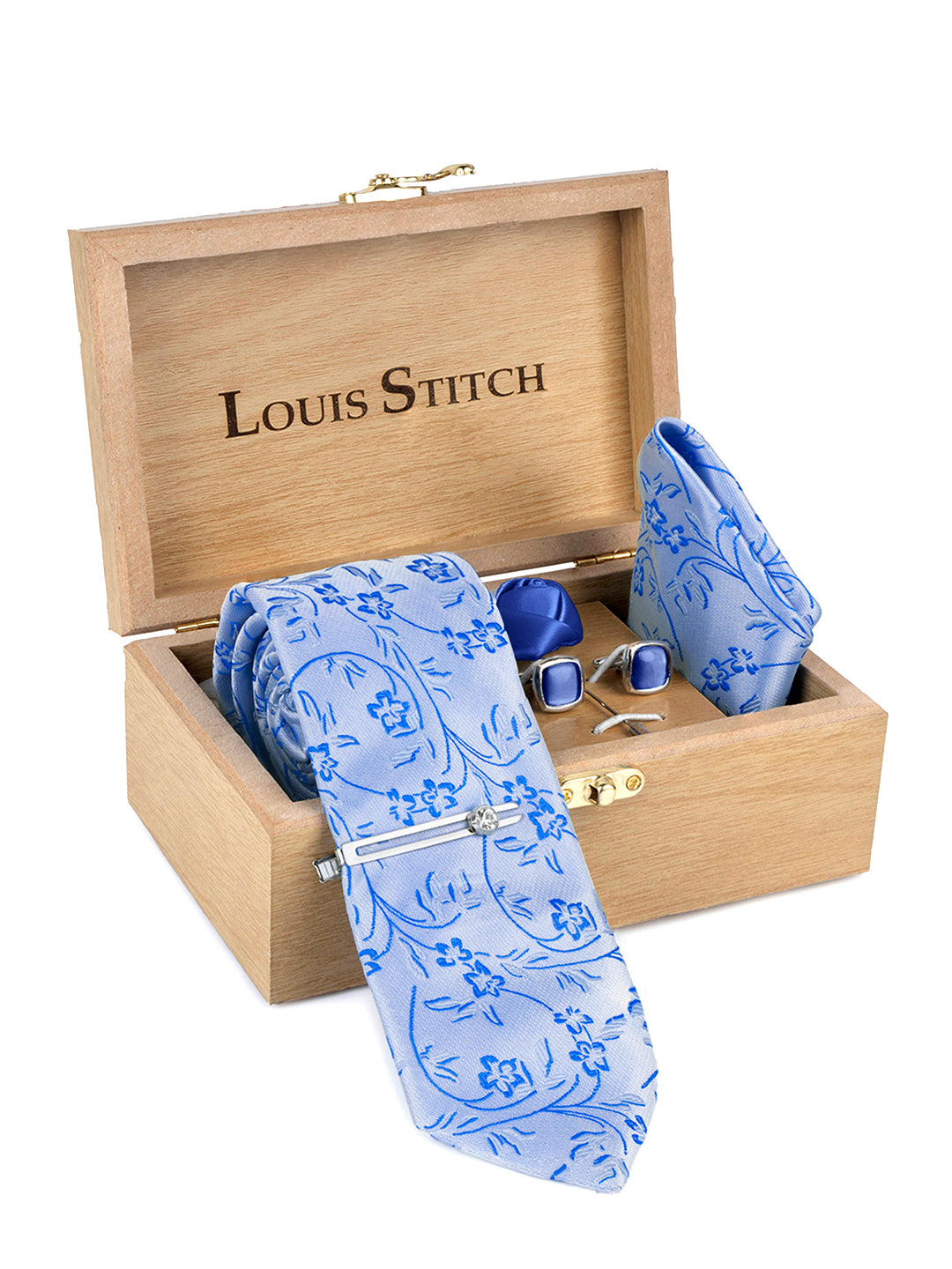Azure Blue Luxury Italian Silk Necktie Set Pocket Square Chrome Tiepin Cufflinks and Brooch