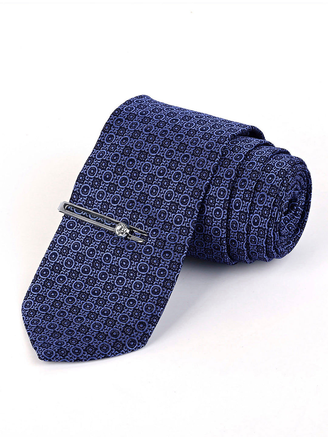 New York Blue Luxury Italian Silk Necktie Set Pocket Square Chrome Tiepin Cufflinks and Brooch