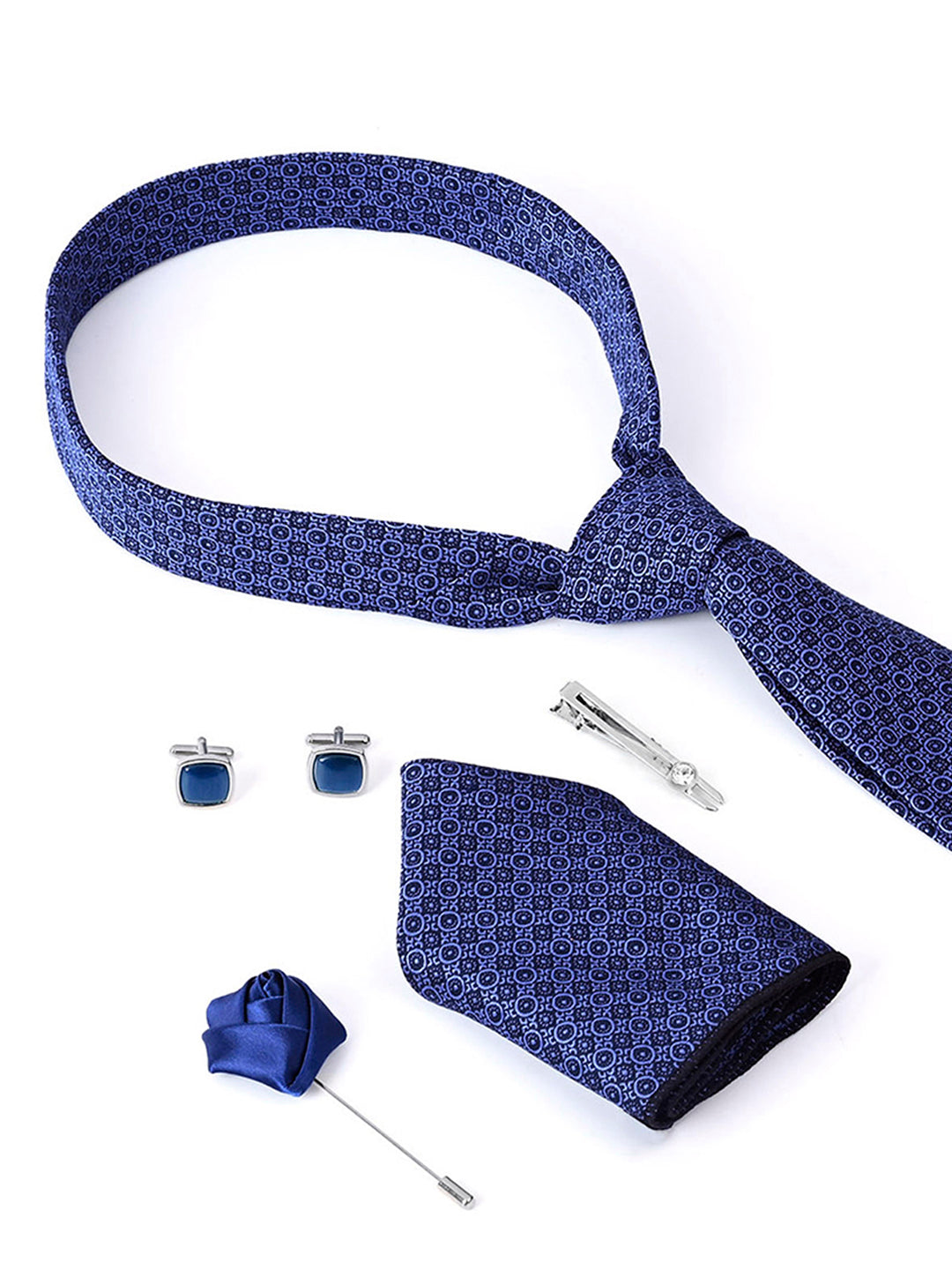New York Blue Luxury Italian Silk Necktie Set Pocket Square Chrome Tiepin Cufflinks and Brooch