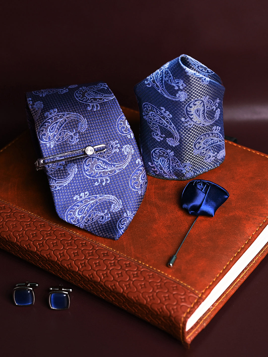 Navy Blue Luxury Italian Silk Necktie Set Pocket Square Chrome Tiepin Cufflinks and Brooch