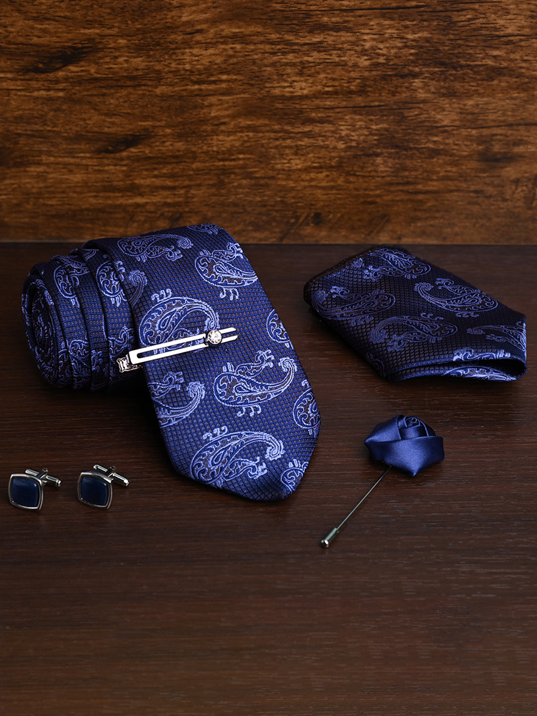 Navy Blue Luxury Italian Silk Necktie Set Pocket Square Chrome Tiepin Cufflinks and Brooch