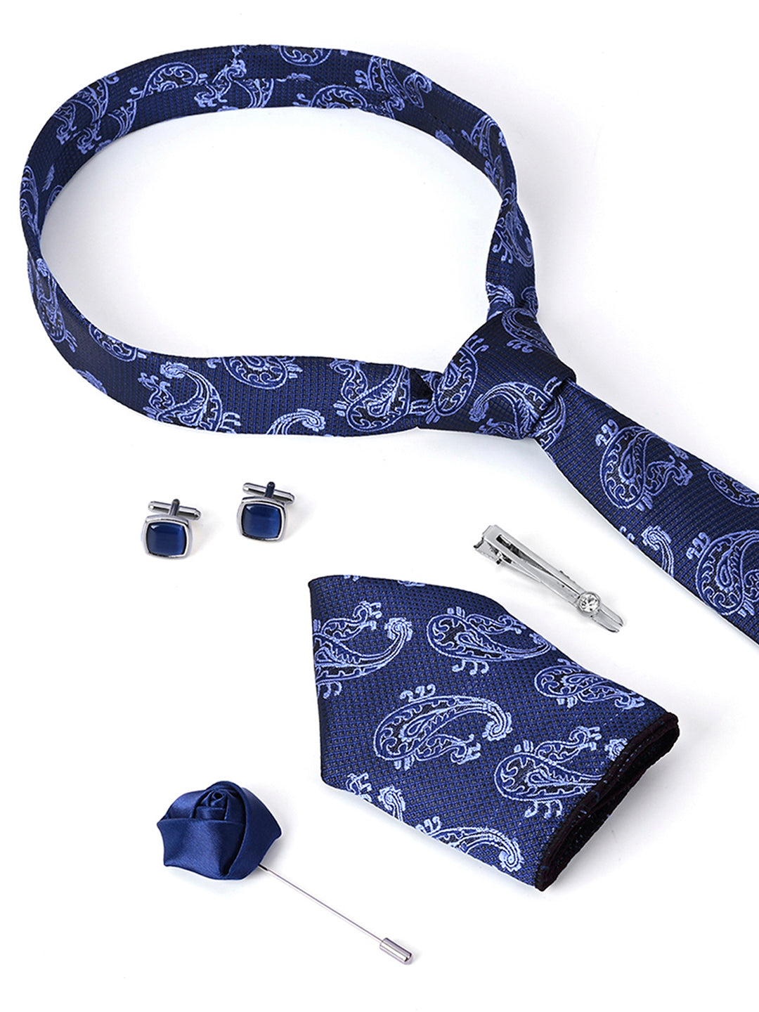 Navy Blue Luxury Italian Silk Necktie Set Pocket Square Chrome Tiepin Cufflinks and Brooch