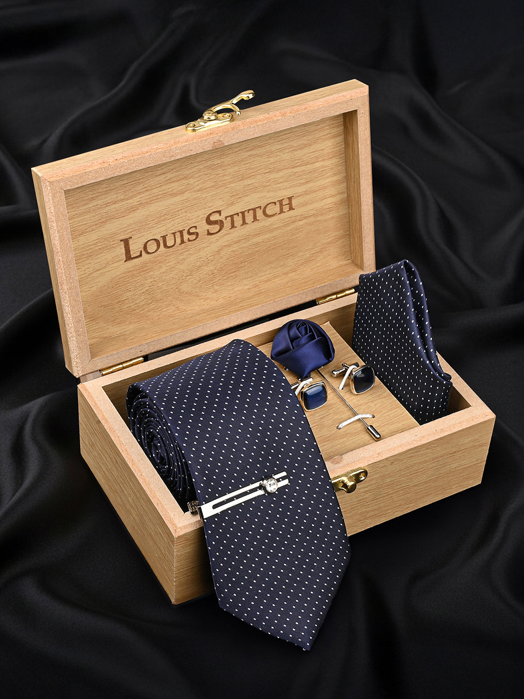 Blue Luxury Polyster Micro Fabric Necktie Set Pocket Square Chrome Tiepin Cufflinks and Brooch