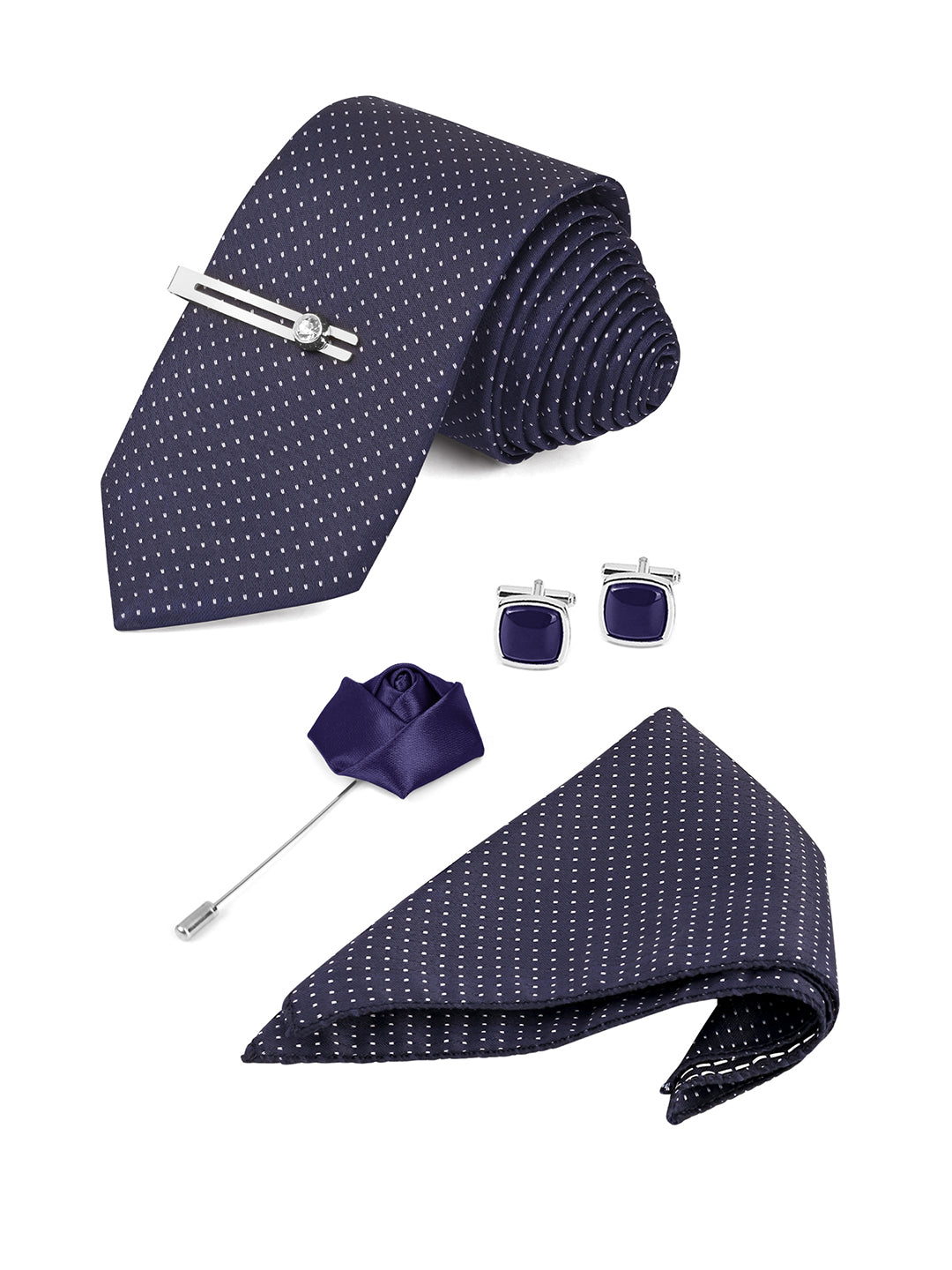 Blue Luxury Polyster Micro Fabric Necktie Set Pocket Square Chrome Tiepin Cufflinks and Brooch