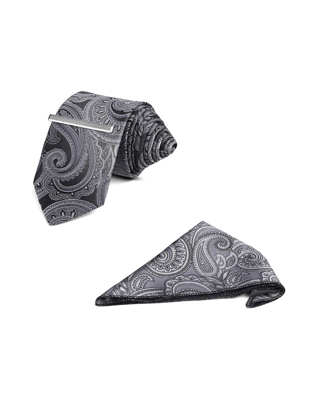 Paisley Black Luxury Polyster Micro Fabric Necktie Set Pocket Square Chrome Tiepin
