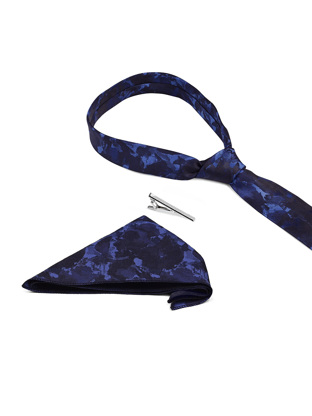 Dark Blue Luxury Polyster Micro Fabric Necktie Set Pocket Square Chrome Tiepin