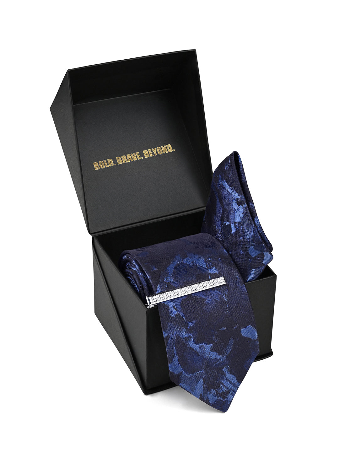 Dark Blue Luxury Polyster Micro Fabric Necktie Set Pocket Square Chrome Tiepin