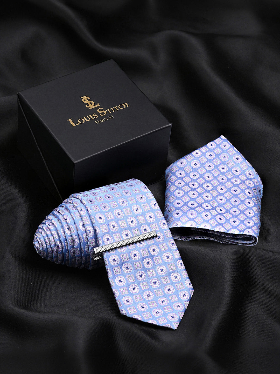 Patterned Blue Luxury Polyster Micro Fabric Necktie Set Pocket Square Chrome Tiepin