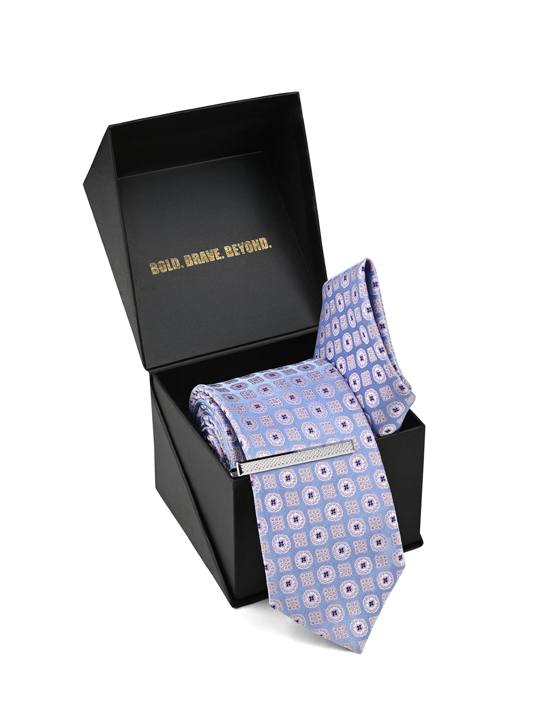 Patterned Blue Luxury Polyster Micro Fabric Necktie Set Pocket Square Chrome Tiepin