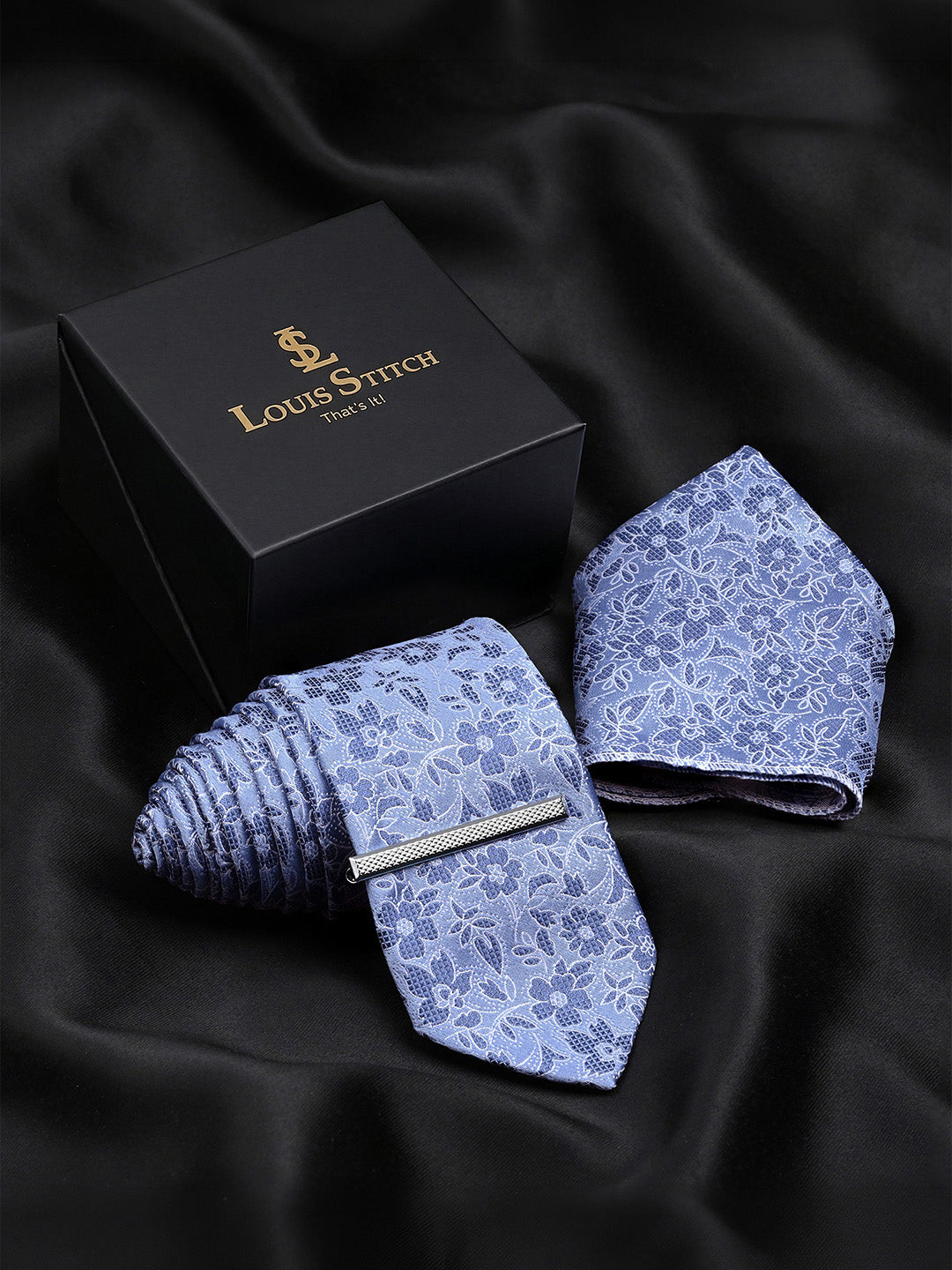 Textured Blue Luxury Polyster Micro Fabric Necktie Set Pocket Square Chrome Tiepin