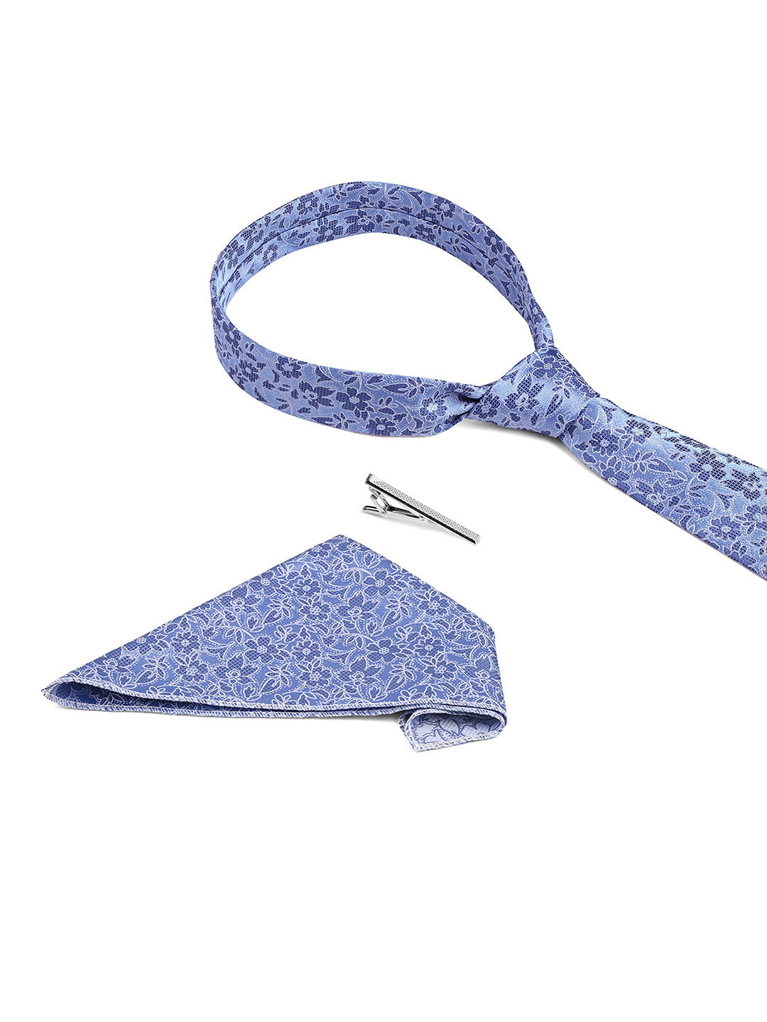 Textured Blue Luxury Polyster Micro Fabric Necktie Set Pocket Square Chrome Tiepin