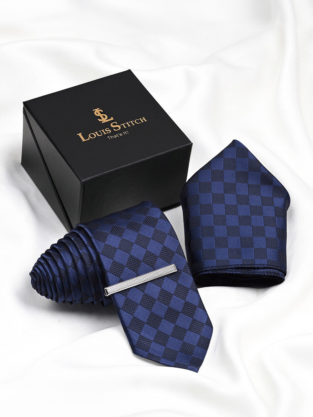 Checkered Blue Luxury Polyster Micro Fabric Necktie Set Pocket Square Chrome Tiepin