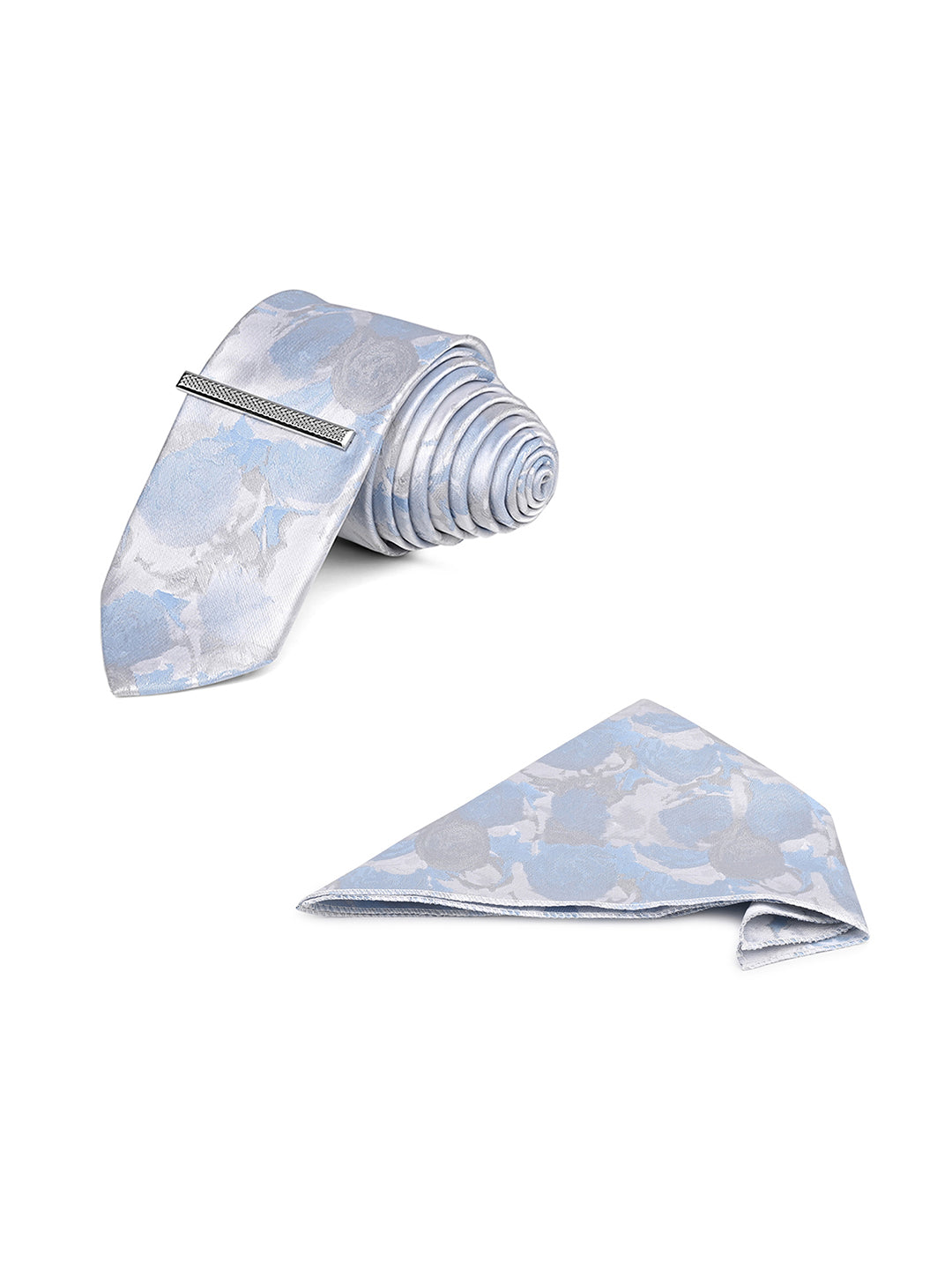 Light Blue Luxury Polyster Micro Fabric Necktie Set Pocket Square Chrome Tiepin