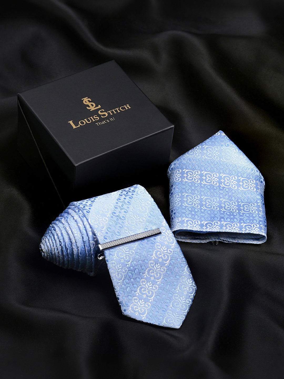 Striped Blue Luxury Polyster Micro Fabric Necktie Set Pocket Square Chrome Tiepin