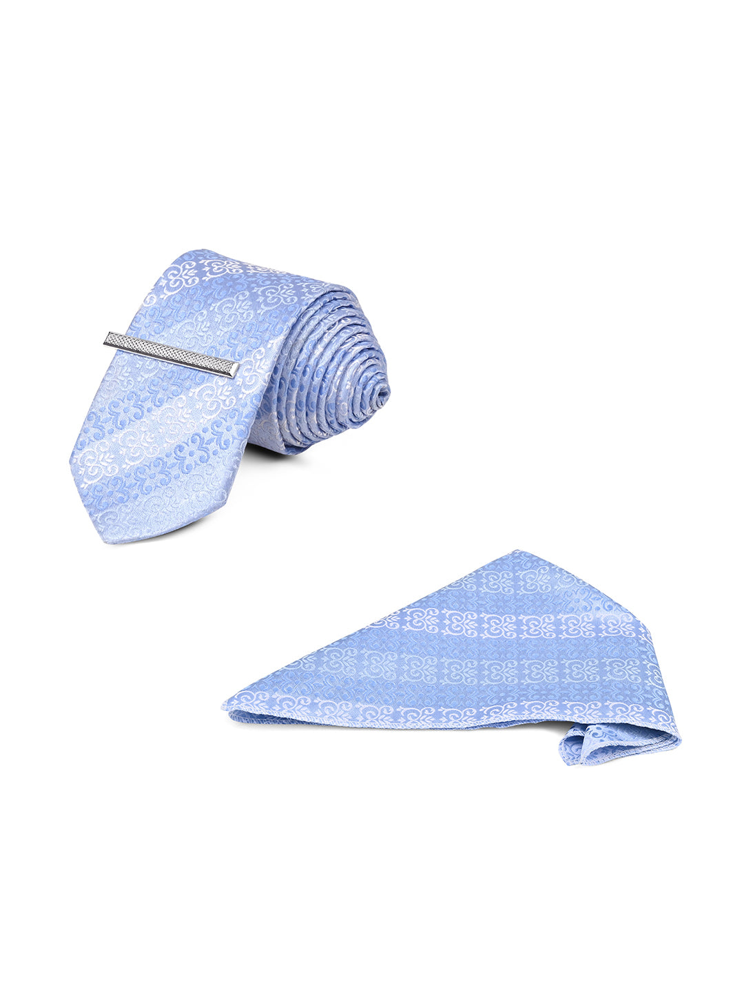 Striped Blue Luxury Polyster Micro Fabric Necktie Set Pocket Square Chrome Tiepin