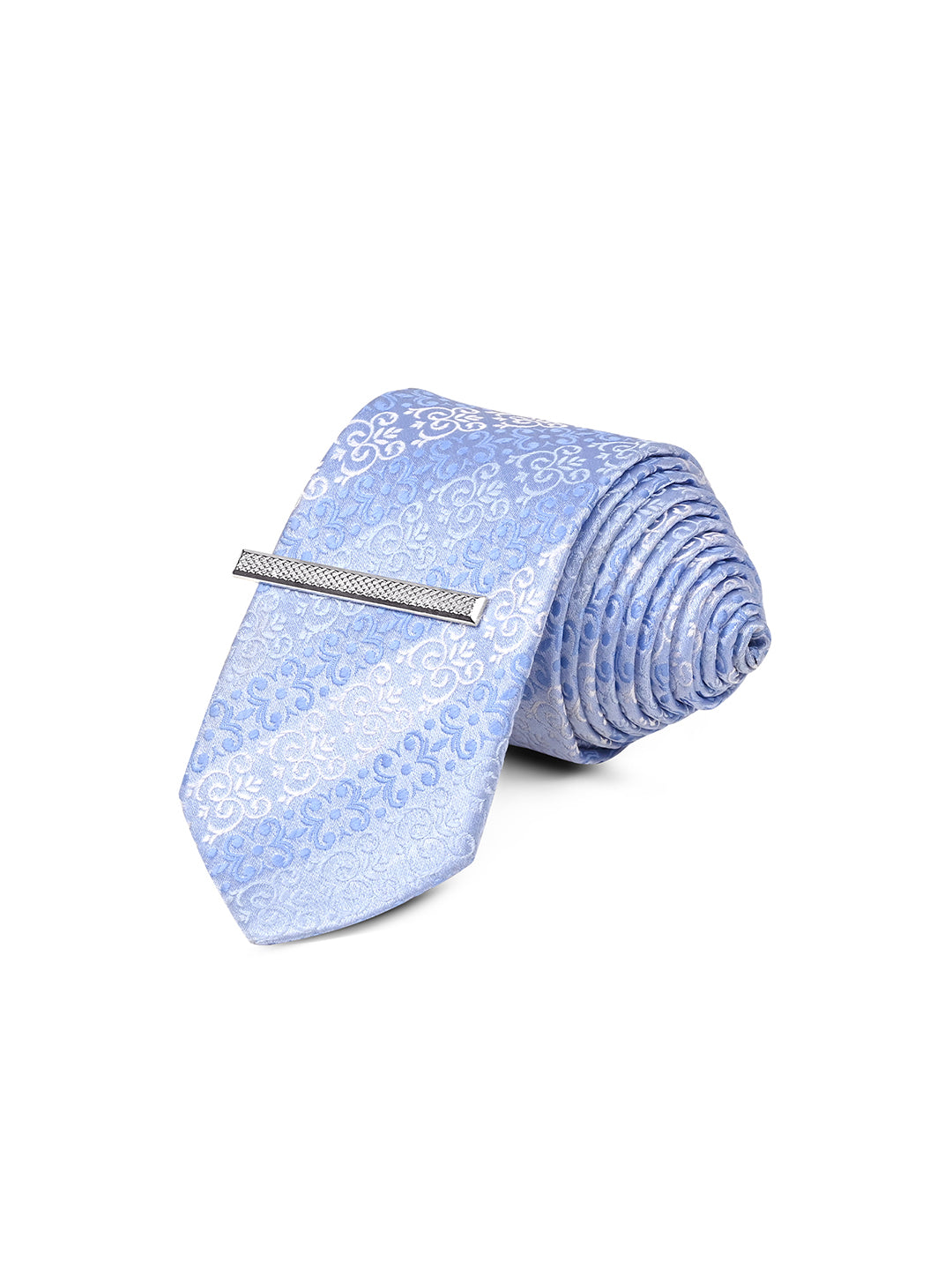 Striped Blue Luxury Polyster Micro Fabric Necktie Set Pocket Square Chrome Tiepin