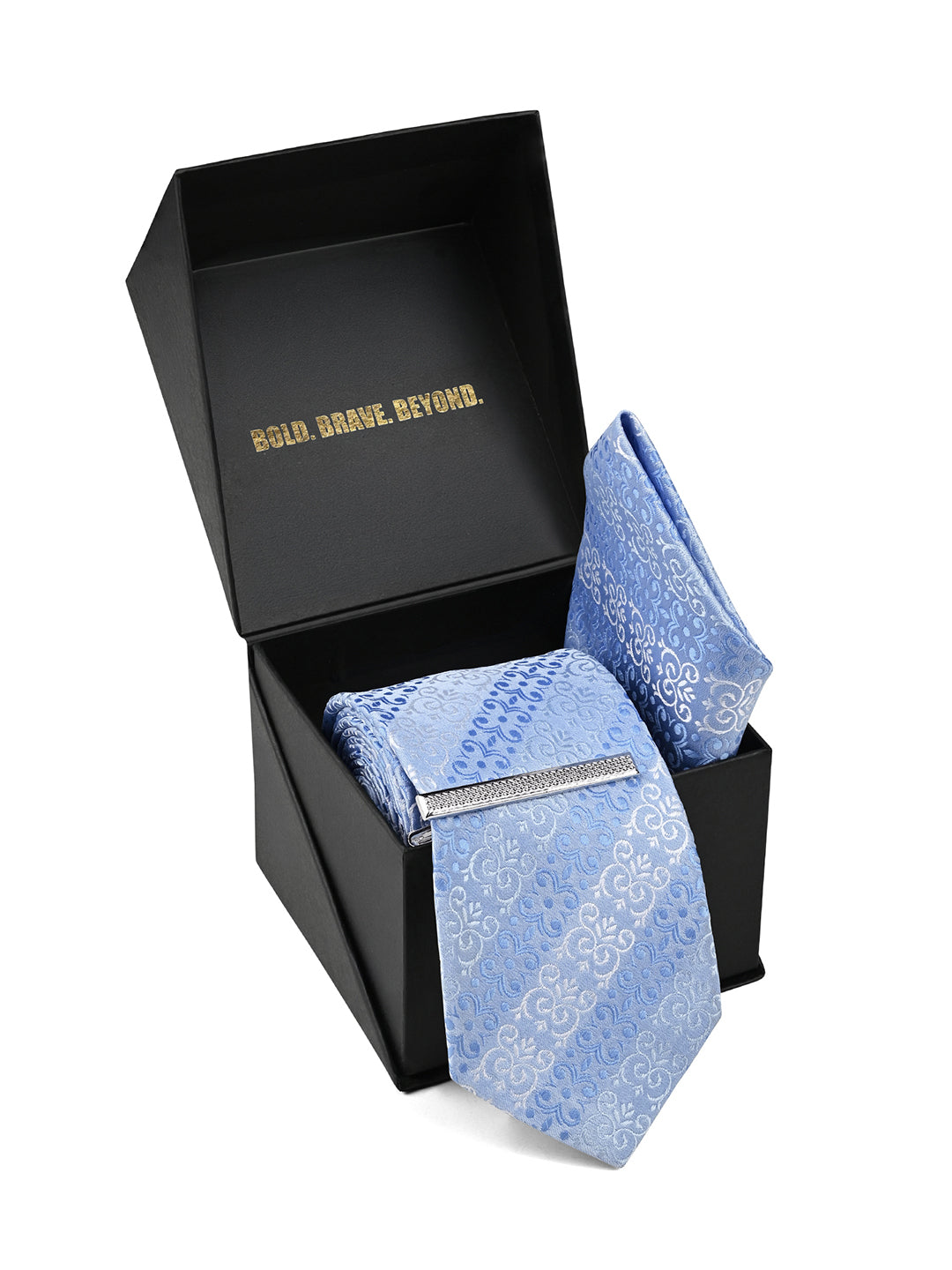 Striped Blue Luxury Polyster Micro Fabric Necktie Set Pocket Square Chrome Tiepin