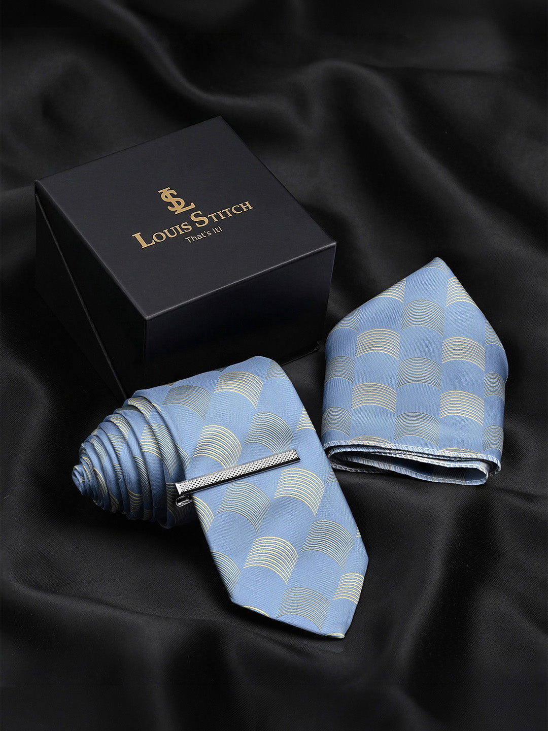 Aqua Blue Luxury Polyster Micro Fabric Necktie Set Pocket Square Chrome Tiepin