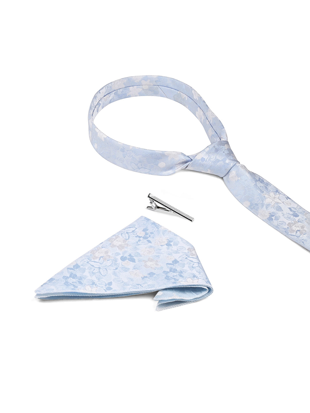 Floral Blue & White Luxury Polyster Micro Fabric Necktie Set Pocket Square Chrome Tiepin