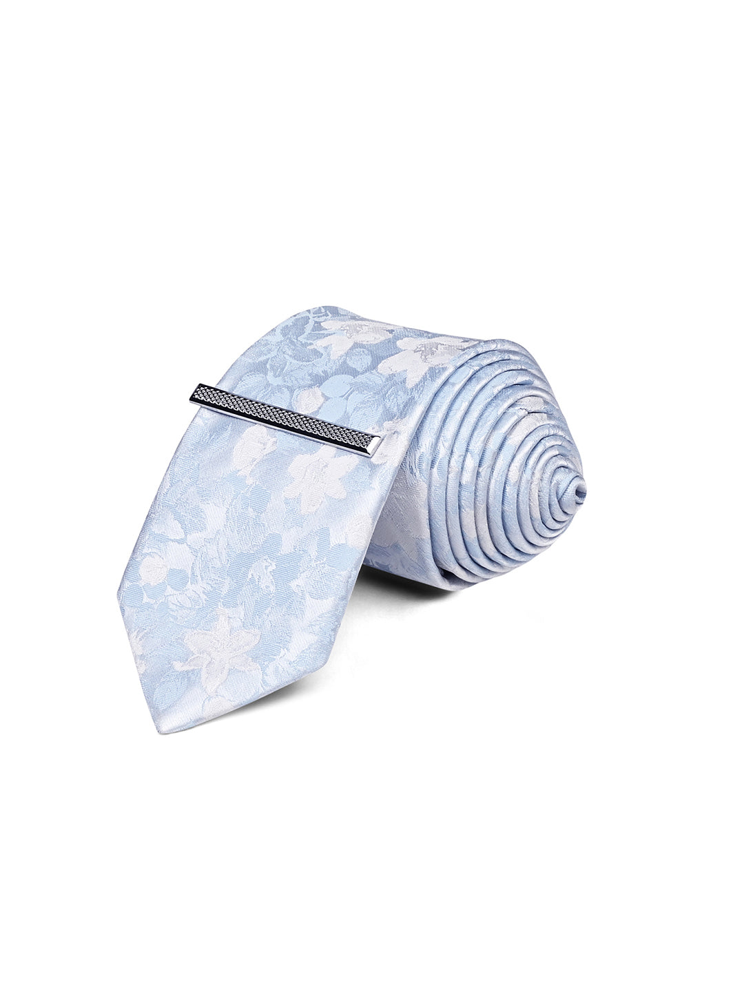 Floral Blue & White Luxury Polyster Micro Fabric Necktie Set Pocket Square Chrome Tiepin