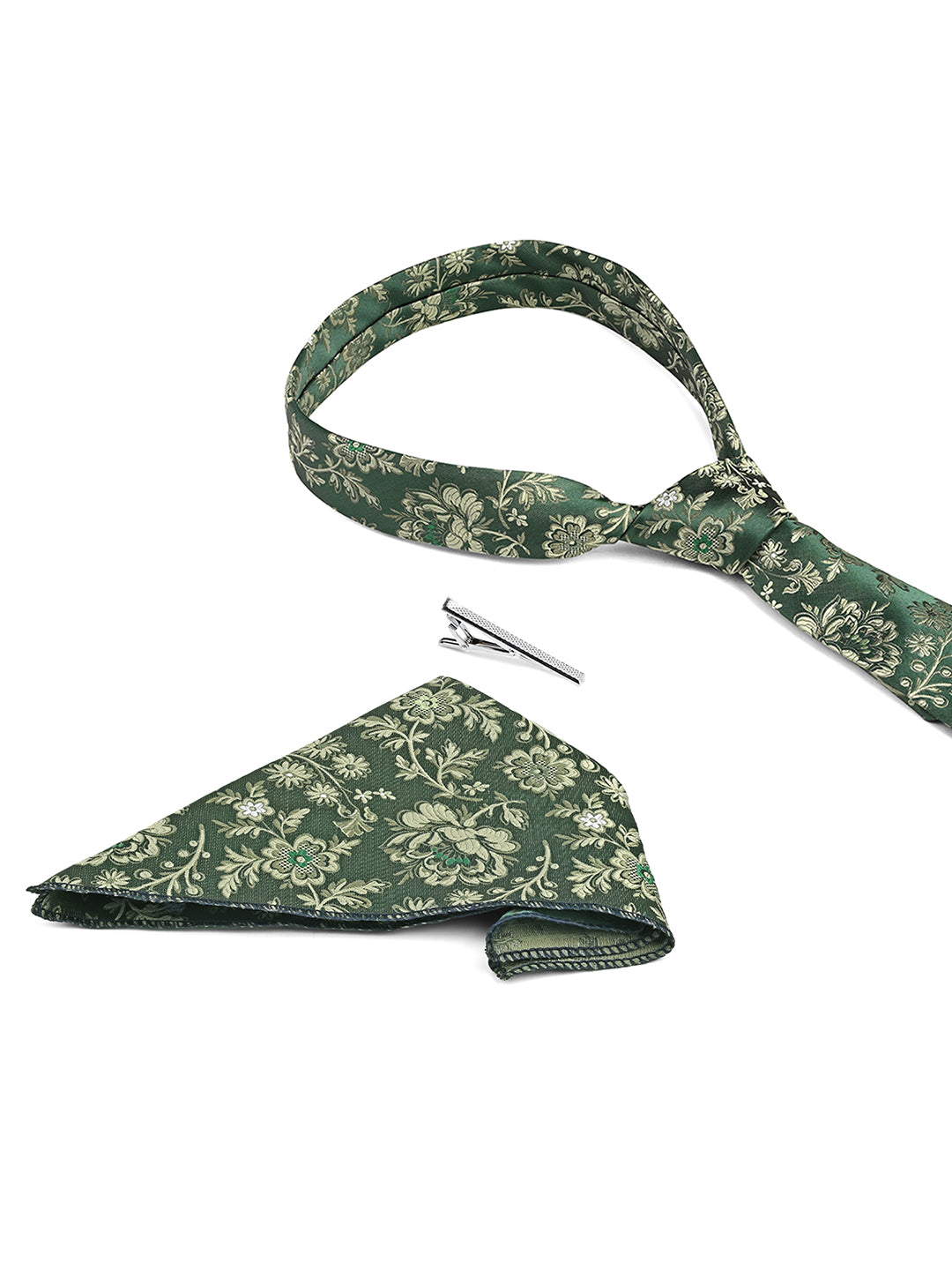Floral Green Luxury Polyster Micro Fabric Necktie Set Pocket Square Chrome Tiepin